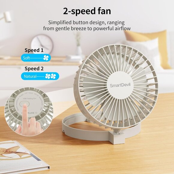 USB Mini Desk Fan Ultra Quiet,‎ 2-Speed, 90° Rotate Foldable Personal Table Fan - Picture 2 of 7